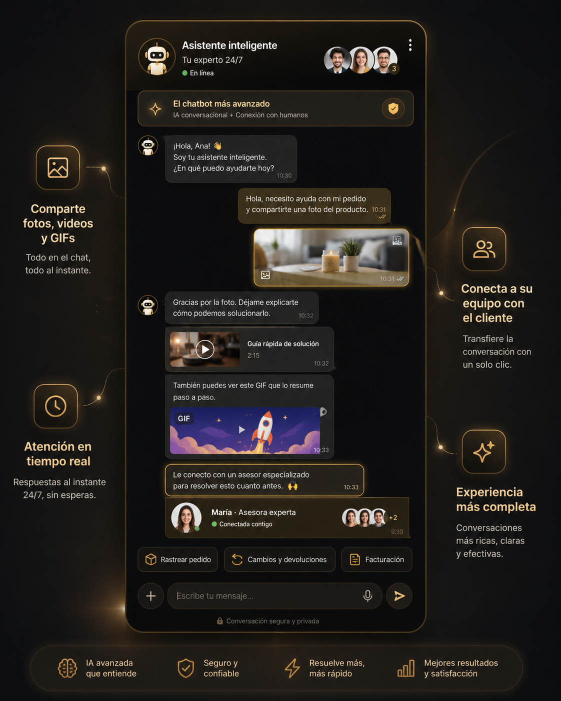 Chatbot avanzado con fotos, videos, GIFs y conexión con asesores humanos